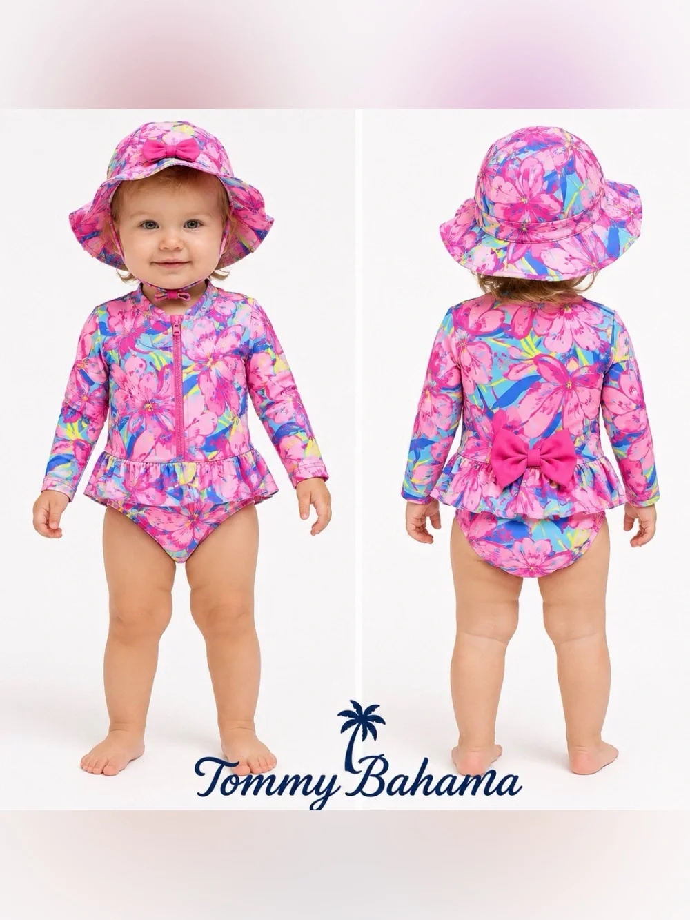 Tommy Bahama Baby Girl 24M Floral Rash Guard Swimsuit Set Hat UPF 50+ Ruffle Bow
